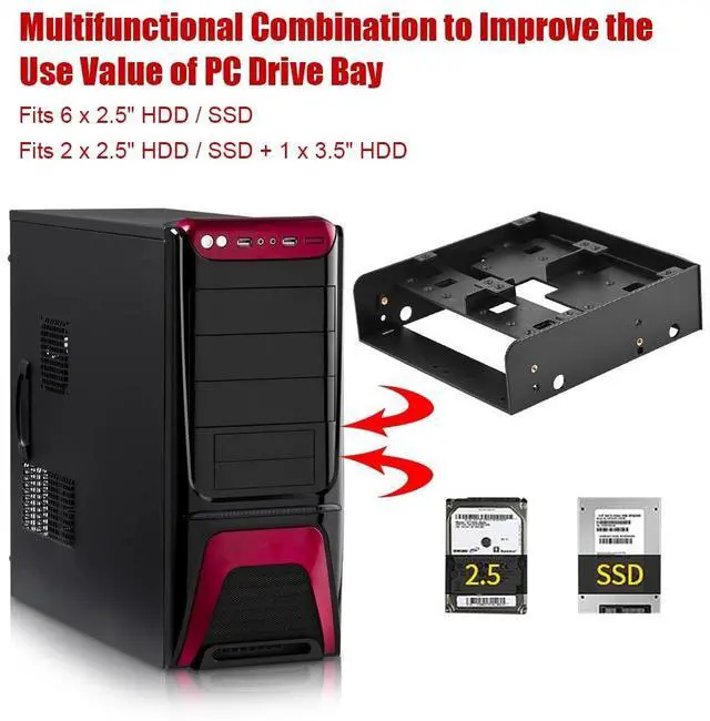 Alt view image 2 of 7 - Oumij 2.5" / 3.5" HDD/SSD to 5.25" Floppy-Drive Bay Computer Mounting Bracket Compatible with Standard 5.25inch Bay of PC Supports 7mm - 15mm 2.5inch HDD Floppy-Drive Adapter Bracket