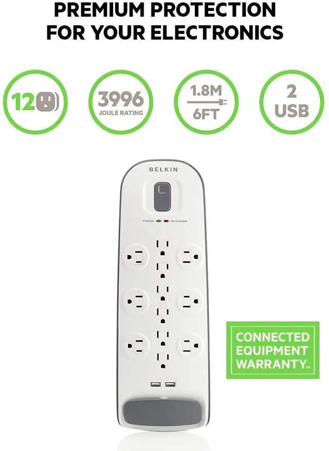 Alt view image 2 of 3 - BELKIN BV112050-06 6' 12 Outlets 3996 Joules Surge Protector with USB Charging