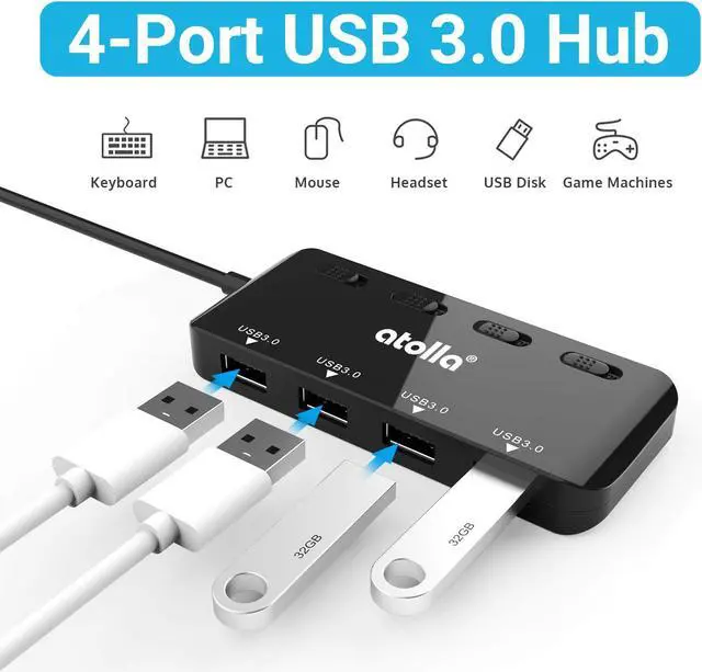 Alt view image 2 of 6 - USB 3.0 Hub Splitter - USB Extender 4 Port USB Ultra Slim Data Hub with Individual Power Switch and LED