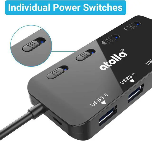 Alt view image 4 of 6 - USB 3.0 Hub Splitter - USB Extender 4 Port USB Ultra Slim Data Hub with Individual Power Switch and LED