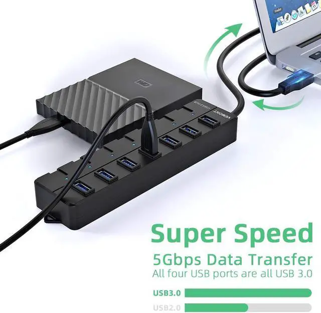 Alt view image 2 of 7 - USB HUB 3.0, Super Speed 7-Port USB Data Hub with Individual On/Off Switches and Power LED, with 4ft/1.2m Long Cable USB Extension for Laptop?PC Computer and More