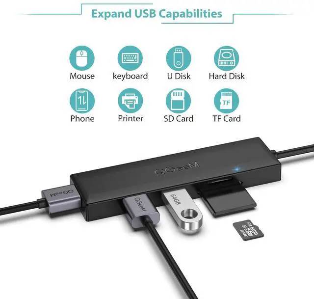 Alt view image 2 of 7 - USB 3.0 Hub, 5 in 1 USB Hub for Laptop 2.5Ft Extended Cable Hub 5-Port USB 3.0&SD&TF Card Reader Hub Compatible with MacBook Air,MacBook,iMac,Surface Pro,Ultra-Slim Data USB Hub