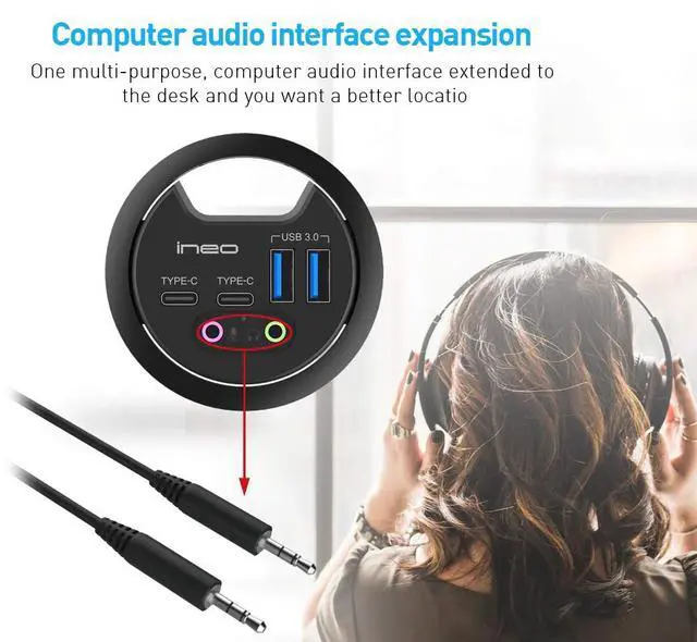 Alt view image 7 of 7 - In Desk USB 3.0 Hub with Audio Jack – THC06-VI (2x USB Type A, 2x USB C) USB Power Port Charger Extension Outlet for 60mm and 80mm Grommet Hole, Desktop Cable Organizer, Headsets Mic Charging Adapter