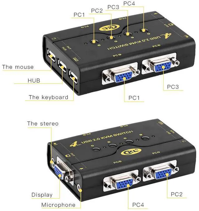 Alt view image 3 of 5 - 41UA USB 2.0 VGA KVM Switch with USB Hub + Cables Support Audio Microphone 2048x1536 (4 Port Manual)