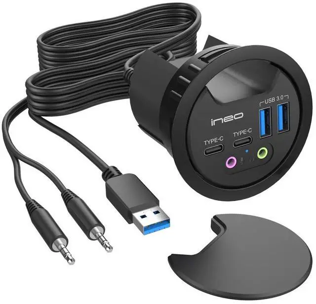 Main image of In Desk USB 3.0 Hub with Audio Jack – THC06-VI (2x USB Type A, 2x USB C) USB Power Port Charger Extension Outlet for 60mm and 80mm Grommet Hole, Desktop Cable Organizer, Headsets Mic Charging Adapter
