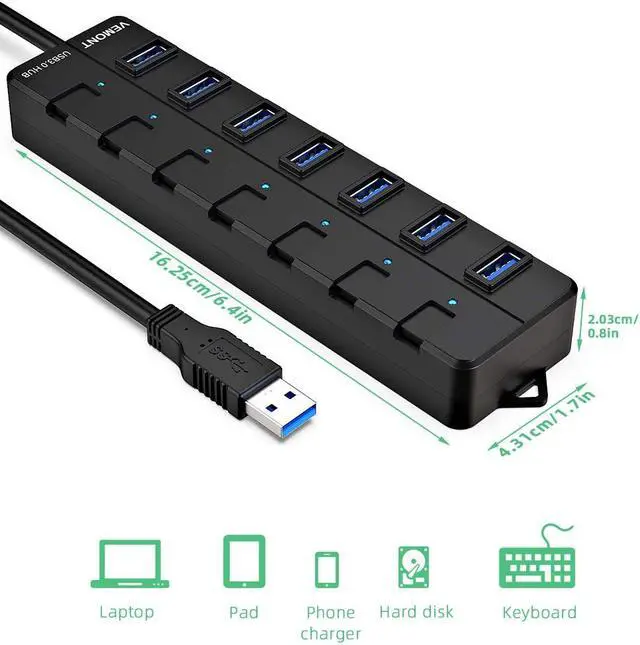 Alt view image 6 of 7 - USB HUB 3.0, Super Speed 7-Port USB Data Hub with Individual On/Off Switches and Power LED, with 4ft/1.2m Long Cable USB Extension for Laptop?PC Computer and More