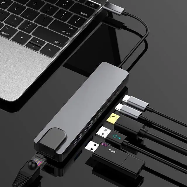 Alt view image 2 of 6 - USB C Hub, USB Type C Adapter with 4K HDMI, RJ45 Ethernet, USB C Power Delivery, 2 USB 3.0 Ports, Compatible with MacBook Pro, Type-C Windows Laptops