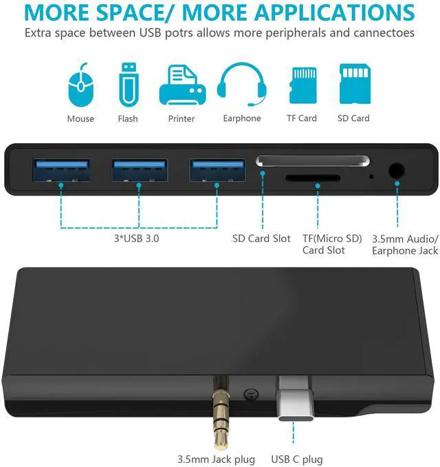 Alt view image 2 of 7 - Surface Go Docking Station, 6-in-1 USB C Surface Go USB Hub Adapter Dongle with 3 USB 3.0 Ports, 3.5mm Audio/Headphone Jack, SD/TF Card Reader for Surface Go