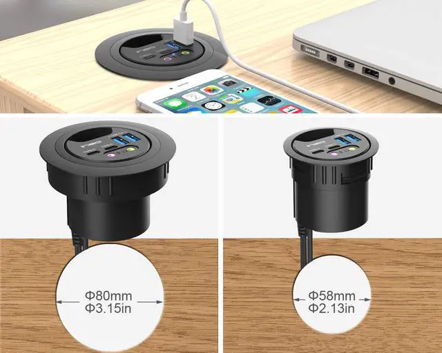 Alt view image 6 of 7 - In Desk USB 3.0 Hub with Audio Jack – THC06-VI (2x USB Type A, 2x USB C) USB Power Port Charger Extension Outlet for 60mm and 80mm Grommet Hole, Desktop Cable Organizer, Headsets Mic Charging Adapter