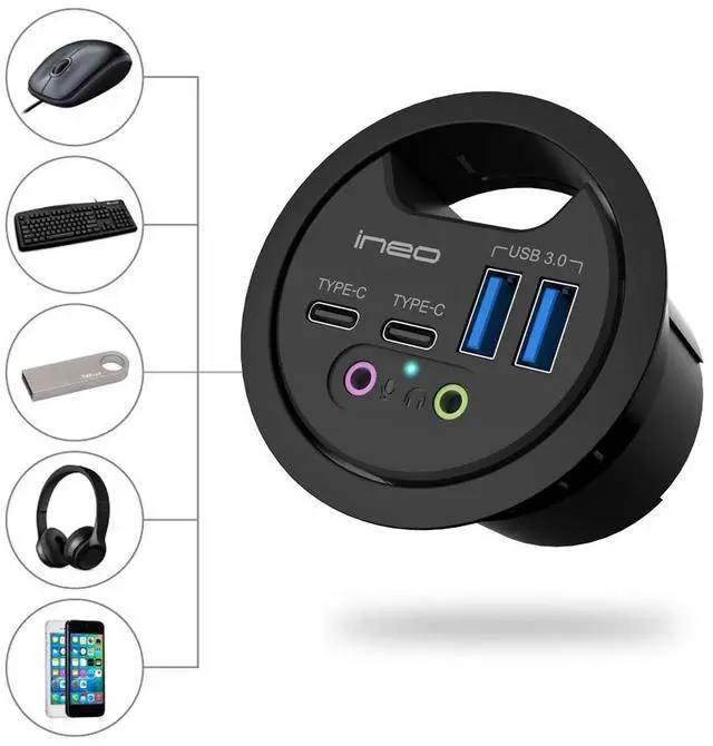 Alt view image 4 of 7 - In Desk USB 3.0 Hub with Audio Jack – THC06-VI (2x USB Type A, 2x USB C) USB Power Port Charger Extension Outlet for 60mm and 80mm Grommet Hole, Desktop Cable Organizer, Headsets Mic Charging Adapter