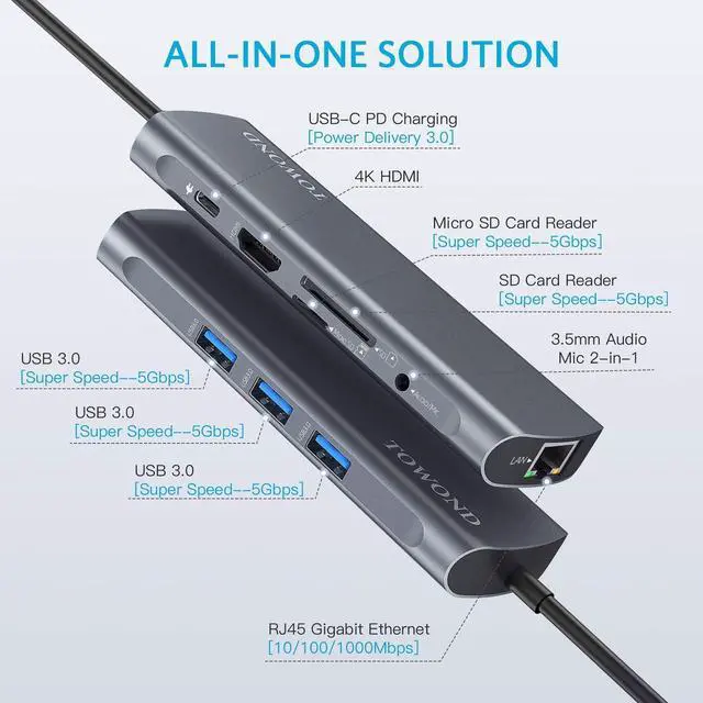 Alt view image 2 of 6 - MacBook Pro USB Adapter USB C Hub, 9 in 1 Type C Dongle for Mac Pro/Air 2019 2018, USB-C to 4K HDMI Adapter with Ethernet,100W PD,3 USB 3.0 Ports,SD/TF Card Solts and Audio for Type C Devices