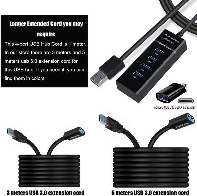 Alt view image 7 of 7 - [3.3FT Long Extended Cable] 4 Port USB 3.0 Splitter with Type C Adapter, High-Speed 5Gbps USB 3.0 Data Hub for Xbox One Slim/360/X, Laptop PC, iMac Pro, Mac Mini/Pro, Surface Pro, Printer, TV