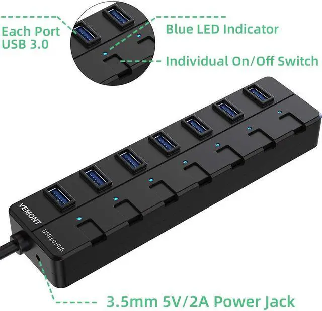 Main image of USB HUB 3.0, Super Speed 7-Port USB Data Hub with Individual On/Off Switches and Power LED, with 4ft/1.2m Long Cable USB Extension for Laptop?PC Computer and More