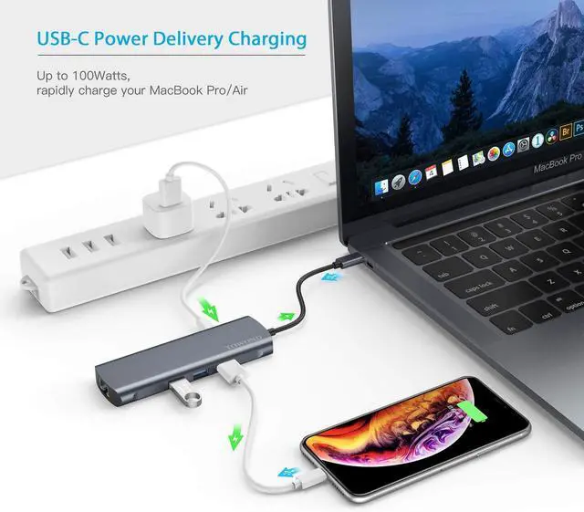 Alt view image 4 of 6 - MacBook Pro USB Adapter USB C Hub, 9 in 1 Type C Dongle for Mac Pro/Air 2019 2018, USB-C to 4K HDMI Adapter with Ethernet,100W PD,3 USB 3.0 Ports,SD/TF Card Solts and Audio for Type C Devices