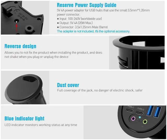 Alt view image 5 of 7 - In Desk USB 3.0 Hub with Audio Jack – THC06-VI (2x USB Type A, 2x USB C) USB Power Port Charger Extension Outlet for 60mm and 80mm Grommet Hole, Desktop Cable Organizer, Headsets Mic Charging Adapter