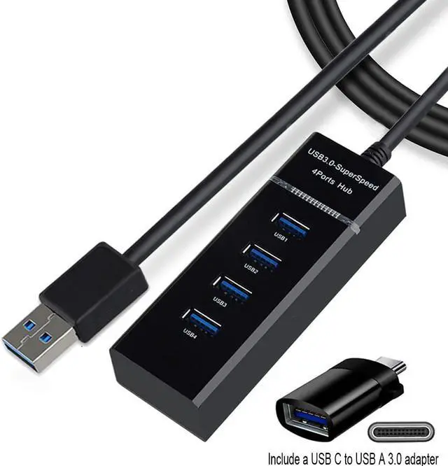 Main image of [3.3FT Long Extended Cable] 4 Port USB 3.0 Splitter with Type C Adapter, High-Speed 5Gbps USB 3.0 Data Hub for Xbox One Slim/360/X, Laptop PC, iMac Pro, Mac Mini/Pro, Surface Pro, Printer, TV