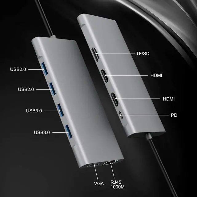 Alt view image 2 of 7 - Freequeen USB C Hub,11 in 1 Triple Display Type C Hub to Dual 4K HDMI & VGA,Ethernet,65W PD,SD/TF Card Reader,2 USB 3.0,2 USB 2.0 for MacBook/Pro/Air and Type C Windows Laptops