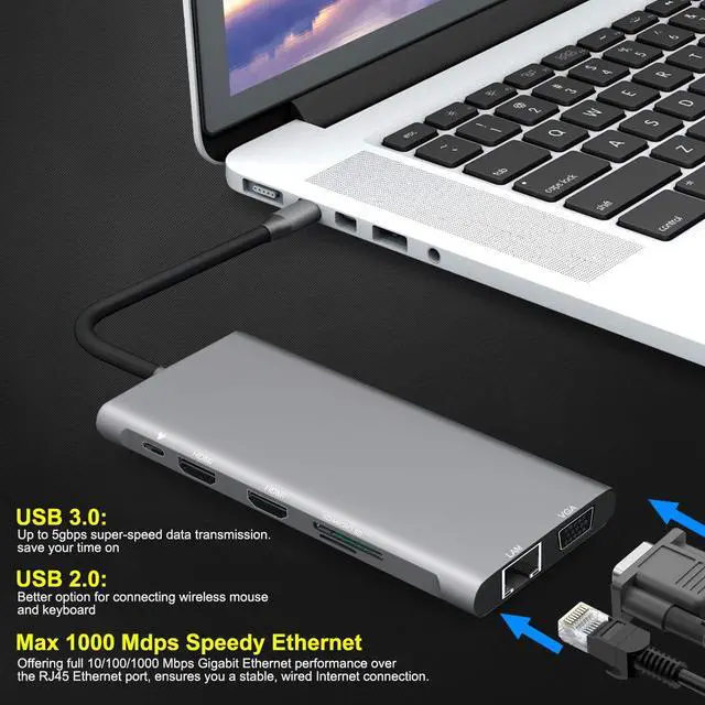 Alt view image 5 of 7 - Freequeen USB C Hub,11 in 1 Triple Display Type C Hub to Dual 4K HDMI & VGA,Ethernet,65W PD,SD/TF Card Reader,2 USB 3.0,2 USB 2.0 for MacBook/Pro/Air and Type C Windows Laptops