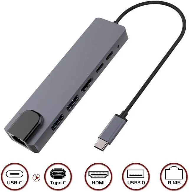 Main image of USB C Hub, USB Type C Adapter with 4K HDMI, RJ45 Ethernet, USB C Power Delivery, 2 USB 3.0 Ports, Compatible with MacBook Pro, Type-C Windows Laptops