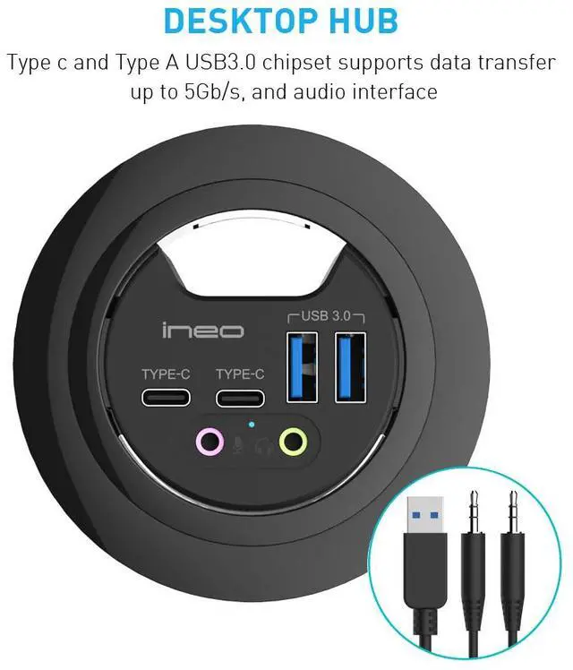 Alt view image 3 of 7 - In Desk USB 3.0 Hub with Audio Jack – THC06-VI (2x USB Type A, 2x USB C) USB Power Port Charger Extension Outlet for 60mm and 80mm Grommet Hole, Desktop Cable Organizer, Headsets Mic Charging Adapter