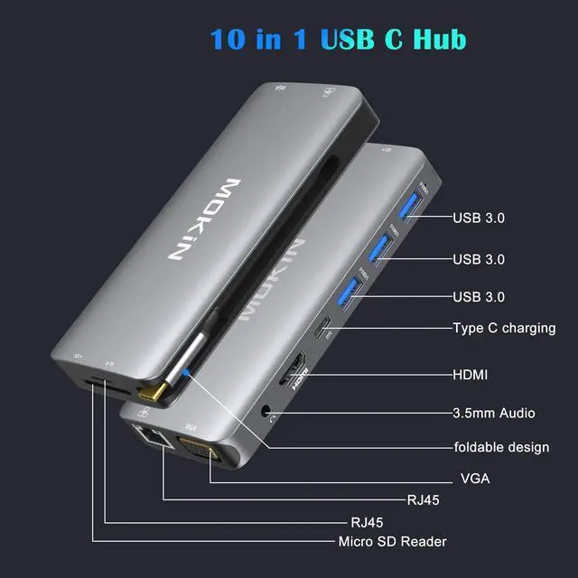 Alt view image 2 of 7 - USB C Hub Multiport Adapter - 10 in 1 Portable Dongle with 4K HDMI, VGA, Ethernet, 3 USB Ports, Audio, PD Charger, SD/Micro SD Card Reader Compatible for MacBook Pro, XPS More Type C Devices.