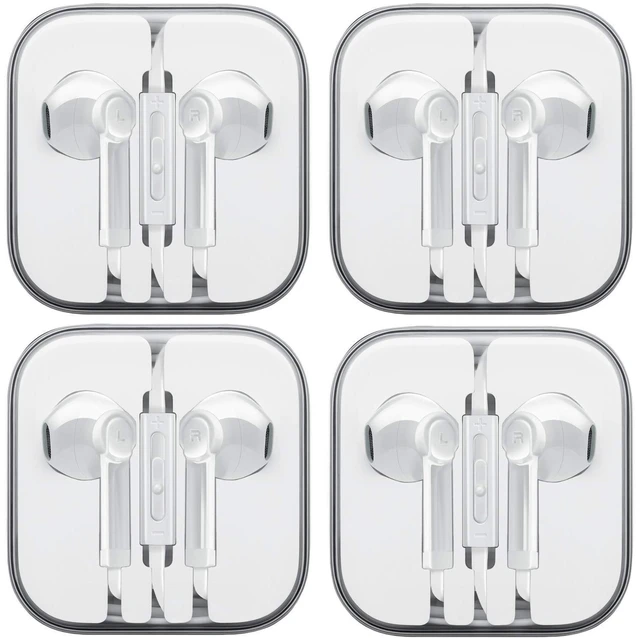Main image of Stereo Earphone Headphones with Microphone - Classic Earbuds for MP3, Tablets, and Cell Phones, Computer, Laptop in The Office, Classroom or Home (White) 4 Pack