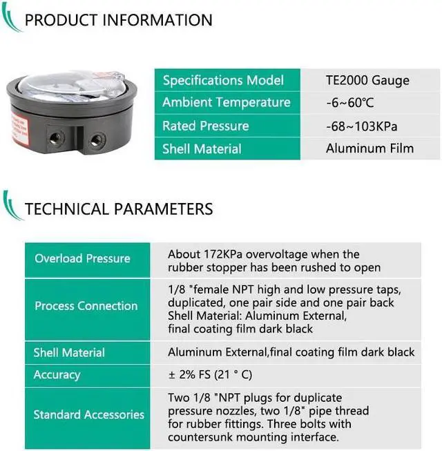 Alt view image 5 of 7 - ELECALL New -100~100PA TE2000 Micro Differential Pressure Gauge High Precision 1/8 "NPT Air Pressure Meter Barometer