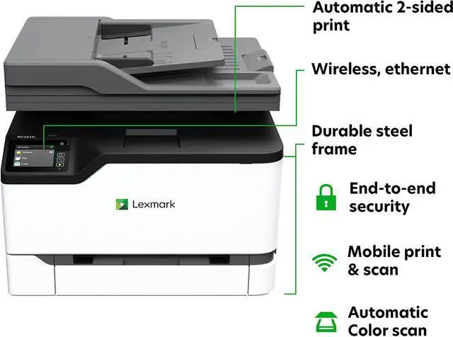 Alt view image 13 of 20 - Lexmark GO Line MC300 MC3224i Wireless Laser Multifunction Printer - Color - Copier/Printer/Scanner - 24 ppm Mono/24 ppm Color Print - 2400 x 600 dpi Print - Automatic Duplex Print - Upto 30000 Pages