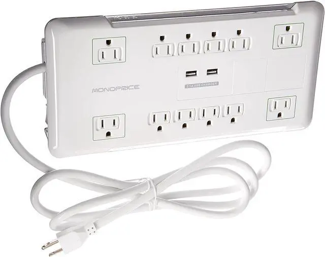 Alt view image 3 of 9 - Monoprice Power & Surge - 12 Outlet Surge Protector Power Strip With 2 Built In 2.1A USB Charger Ports - 6 Feet - White | Cord UL Rated, 3,420 Joules With Grounded And Protected Light Indicator