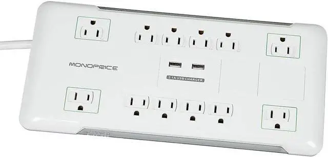 Alt view image 3 of 14 - Monoprice 12 Outlet Power Surge Protector with 2 Built-In USB Charger Ports - 4320 Joules, 6ft Cord