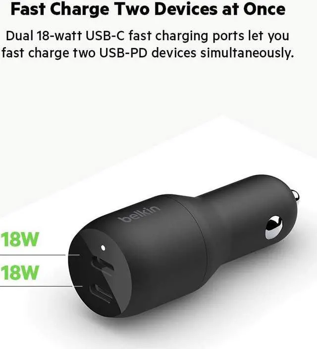 Alt view image 11 of 15 - BELKIN CCB002btBK Black BOOST CHARGE Dual USB-C Car Charger 36W