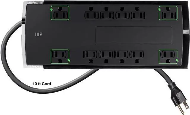 Alt view image 9 of 14 - Monoprice 12 Outlet Slim Surge Protector Power Strip - 10 Feet - Black | Heavy Duty Cord | UL Rated, 4,230 Joules With Grounded And Protected Light Indicator