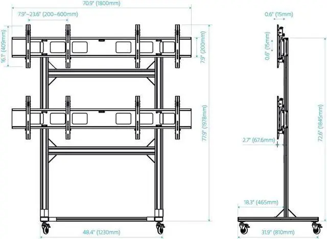 Alt view image 13 of 20 - Monoprice Commercial Series 2x2 Video Wall Mount Bracket System Rolling Display Cart with Micro Adjustment Arms For LED