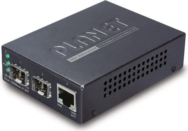 Main image of Planet GT-1205A 1-Port 10/100/1000Base-T to 2-Port 1000FX (SFP) DIP Switch Black Switch Media Converter
