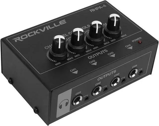 Alt view image 2 of 7 - Rockville RHPA4 4-Channel Headphone Amplifier, Stereo/Mono Switch, Dual 1/4" and 3.5mm Outputs per Channel, USB Power, for Studio and Podcast Monitoring