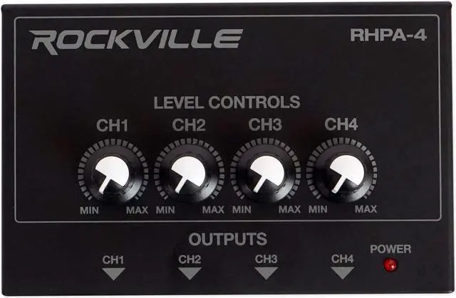 Main image of Rockville RHPA4 4-Channel Headphone Amplifier, Stereo/Mono Switch, Dual 1/4" and 3.5mm Outputs per Channel, USB Power, for Studio and Podcast Monitoring
