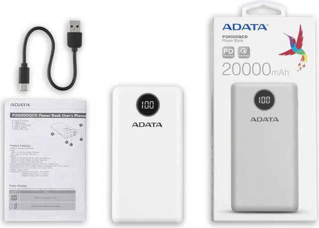 Alt view image 6 of 6 - ADATA P20000QCD Power Bank White - 20000mAh Battery | 2x USB-A - 1x USB-C Ports | Digital Display w/ Qualcomm QC 3.0 or USB PD 3.0 Tech | Multi-Level Circuit Protection