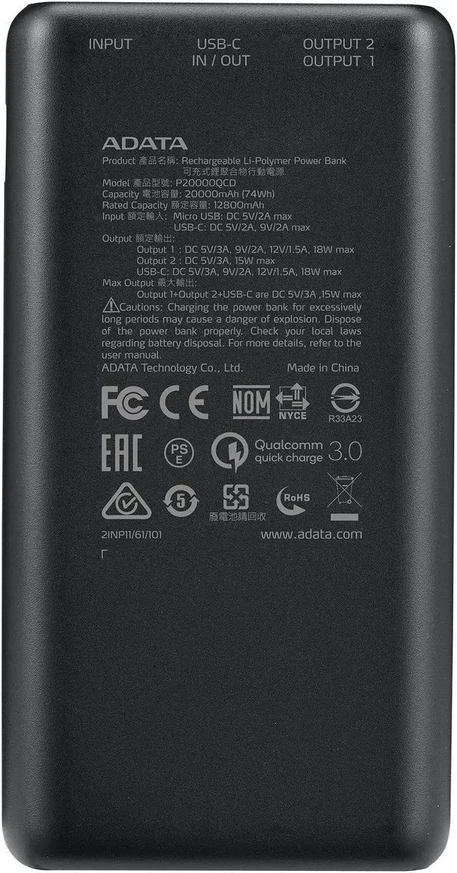 Alt view image 2 of 6 - ADATA P20000QCD Power Bank Black - 20000mAh Battery | 2x USB-A - 1x USB-C Ports | Digital Display w/ Qualcomm QC 3.0 or USB PD 3.0 Tech | Multi-Level Circuit Protection