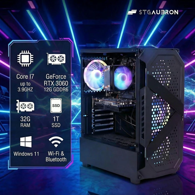 Alt view image 2 of 5 - STGAubron Gaming PC Desktop Computer, Intel Core i7 up to 3.9G, GeForce RTX 3060 12G, 32GB RAM, 1TB SSD, WiFi 6, BT 5.0, RGB Fan x 4, Windows 11 Home
