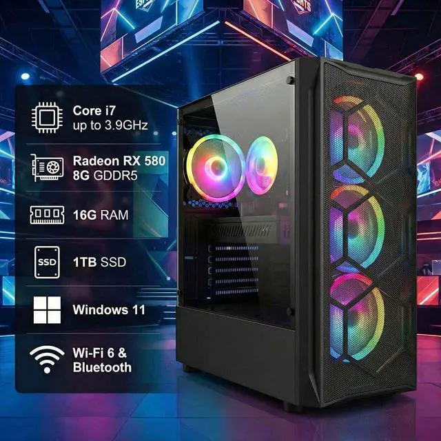 Alt view image 2 of 5 - STGAubron Gaming Desktop PC, Radeon RX 580 8G, Intel Core i7 up to 3.9G, 16G RAM, 1T SSD, WiFi 6, BT 5.0, RGB Fan x4, Windows 11 Home