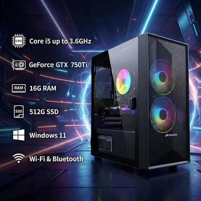 Alt view image 2 of 5 - STGAubron Gaming PC Desktop Computer, Intel Core i5 up to 3.6GHz, GeForce GTX 750Ti 4G, 16GB RAM, 512GB SSD, WiFi 6, BT 5.2, RGB Fan x 2, Windows 11 Home
