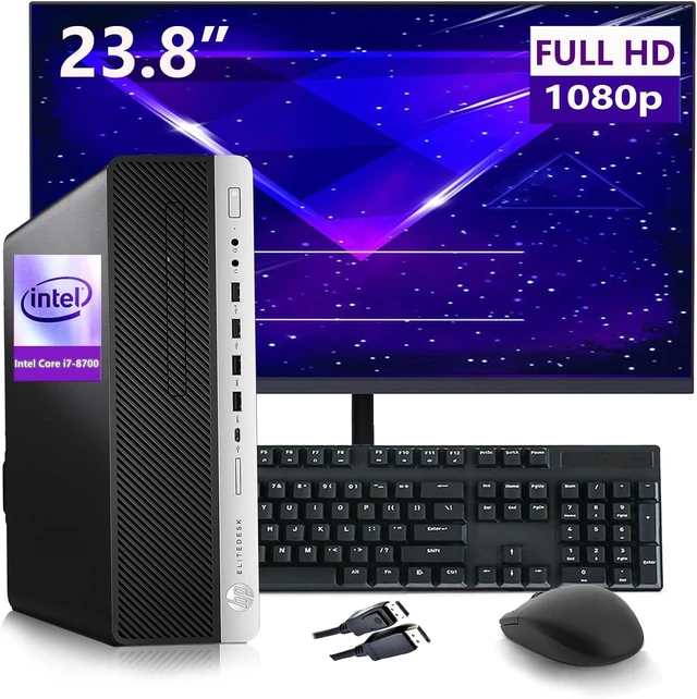 Main image of HP EliteDesk 800 G4 SFF Business Desktop PC with New 23.8" FHD Monitor, Intel Core i7-8700, 32GB RAM, 1TB SSD, Mouse & Keyboard, Windows 11 Pro