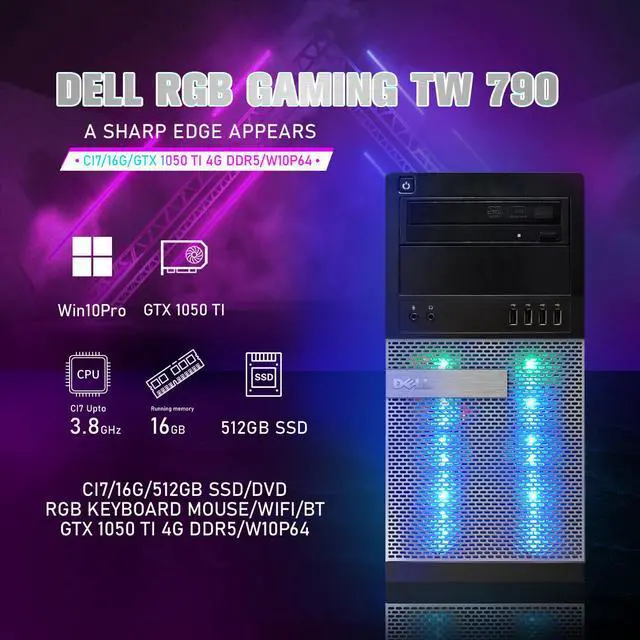Alt view image 2 of 7 - Dell Gaming PC Desktop computer -  Intel Quad I7 up to 3.8GHz, GeForce GTX 1050 Ti 4G, 512G SSD, 16GB Memory, RGB Keyboard & Mouse, DVD, WiFi & Bluetooth, W10P64 (Grade A)