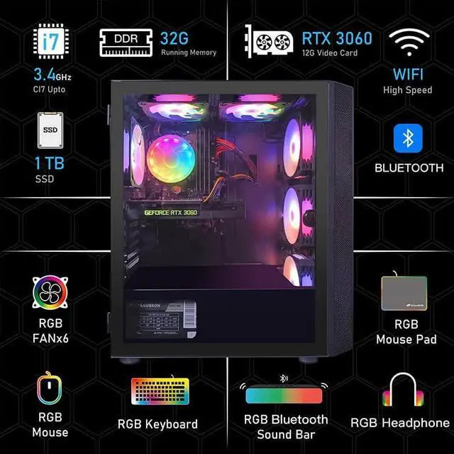 Alt view image 4 of 7 - STGAubron Gaming PC,Intel Core i7 3.4G up to 3.9G,32G,1TB SSD,WiFi,BT 5.0,GeForce RTX 3060 12G GDDR6,RGB Fan x 6,RGB Keybaord&Mouse&Mouse Pad,RGB Bluetooth Sound Bar,RGB Bluetooth Gaming Mic,W10H64