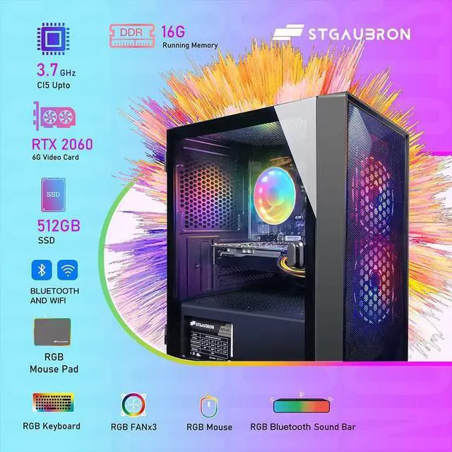 Alt view image 5 of 7 - STGAubron Gaming, Intel Core I5 3.3Ghz up to 3.7Ghz, 16G Ram, 512G SSD, GeForce RTX 2060 6G GDDR6, WiFi, BT 5.0, RGB Fan x 3, RGB Keybaord & Mouse, RGB Mouse Pad, RGB Bluetooth Sound Bar, W10H64