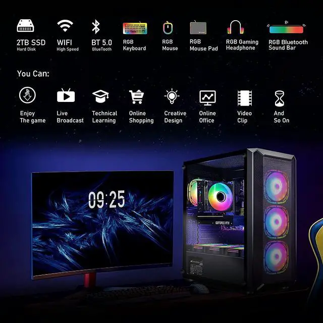 Alt view image 5 of 7 - STGAubron Gaming Desktop PC,Intel Core i7-11700KF up to 5.0G,GeForce RTX 3070 8G GDDR6,32G DDR4,2T SSD,WiFi,BT 5.0,RGB Fan x 7,RGB Keyboard&Mouse&Mouse Pad,RGB BT Sound Bar,RGB BT Gaming Mic,W11H64