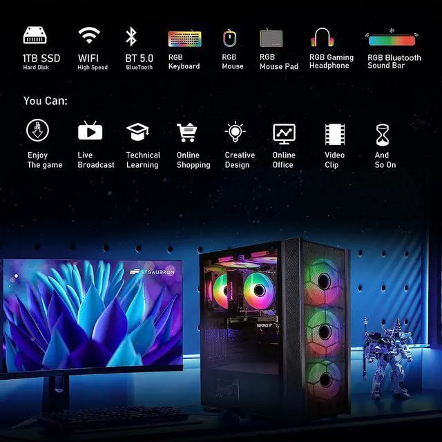 Alt view image 5 of 7 - STGAubron Gaming Desktop PC,Intel Core i7-10700F up to 4.8G,16G DDR4,1T SSD,Radeon RX 6600 8G GDDR6,WiFi,BT 5.0,RGB Fan x 6,RGB Keybaord&Mouse&Mouse Pad,RGB BT Sound Bar,RGB BT Gaming Mic,W11H64