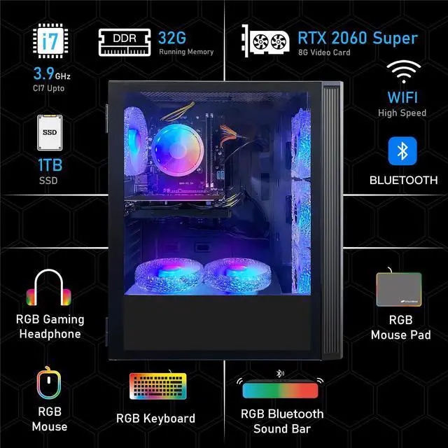 Alt view image 5 of 7 - STGAubron Gaming Desktop PC,Intel Core i7 3.4G up to 3.9G,GeForce RTX 2060 Super 8G GDDR6,32G,1TB SSD,WiFi,BT 5.0,RGB Keybaord,RGB Mouse,RGB Mouse Pad,RGB BT Sound Bar,RGB Bluetooth Headset Mic,W10H64