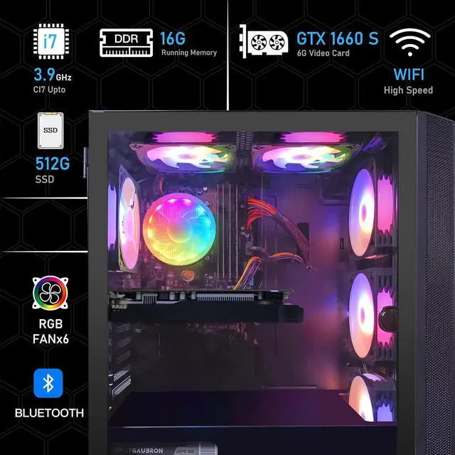 Alt view image 4 of 6 - STGAubron Gaming Desktop PC, Intel Core i7 3.4G up to 3.9G, 16G RAM, 512G SSD, GeForce GTX 1660 Super 6G GDDR6, 600M WiFi, BT 5.0, RGB Fan x 6, RGB Keyboard&Mouse&Mouse Pad, RGB BT Sound Bar, W10H64