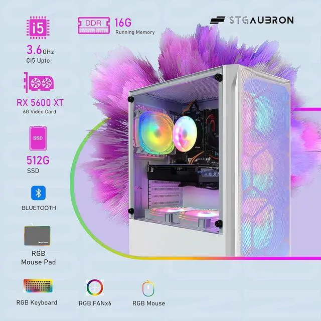 Alt view image 5 of 5 - STGAubron Gaming Desktop PC, Intel Core i5 3.2G up to 3.6G, 16G RAM, 512G SSD, Radeon RX 5600 XT 6G GDDR6, 600M WiFi, BT 5.0, RGB Fan x 6, RGB Keyboard & Mouse & Mouse Pad, W10H64